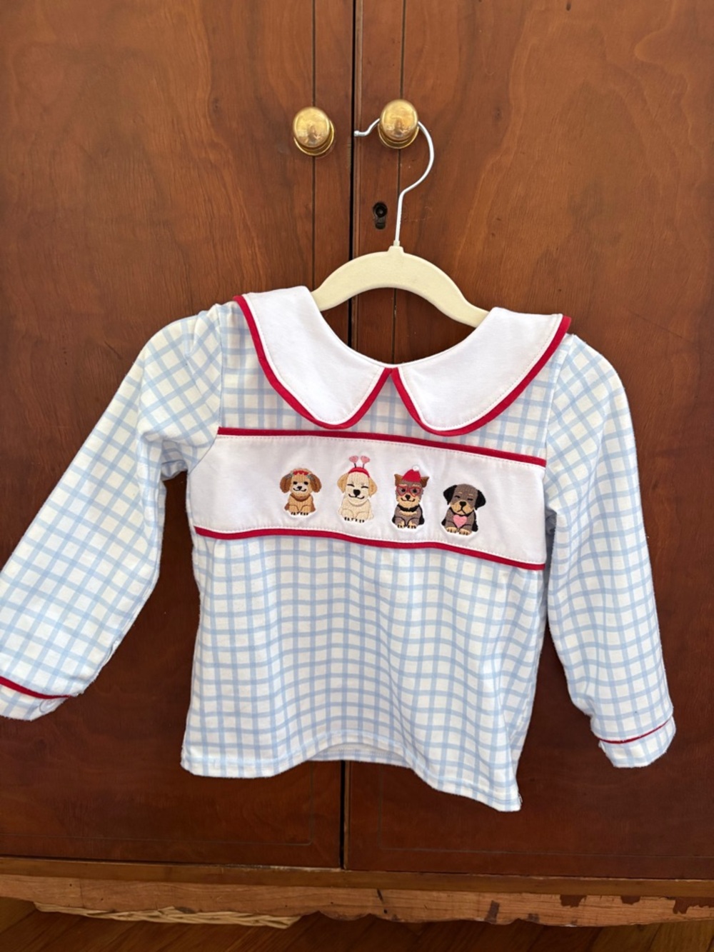Light Blue Plaid Girls' Long-Sleeve Top with Puppy Embroidery